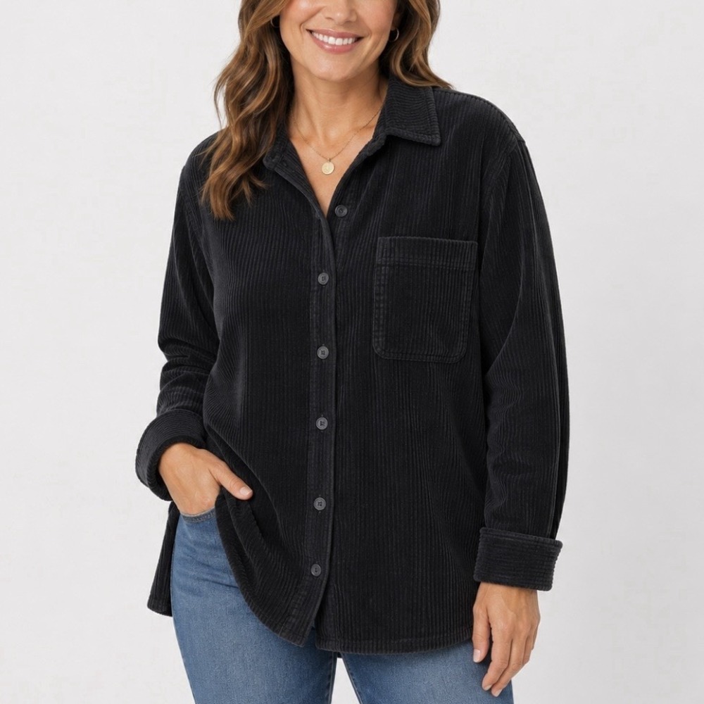 LL Bean Black Wide Wale Corduroy Oversized Cotton Shirt Shacket SMALL PETITE